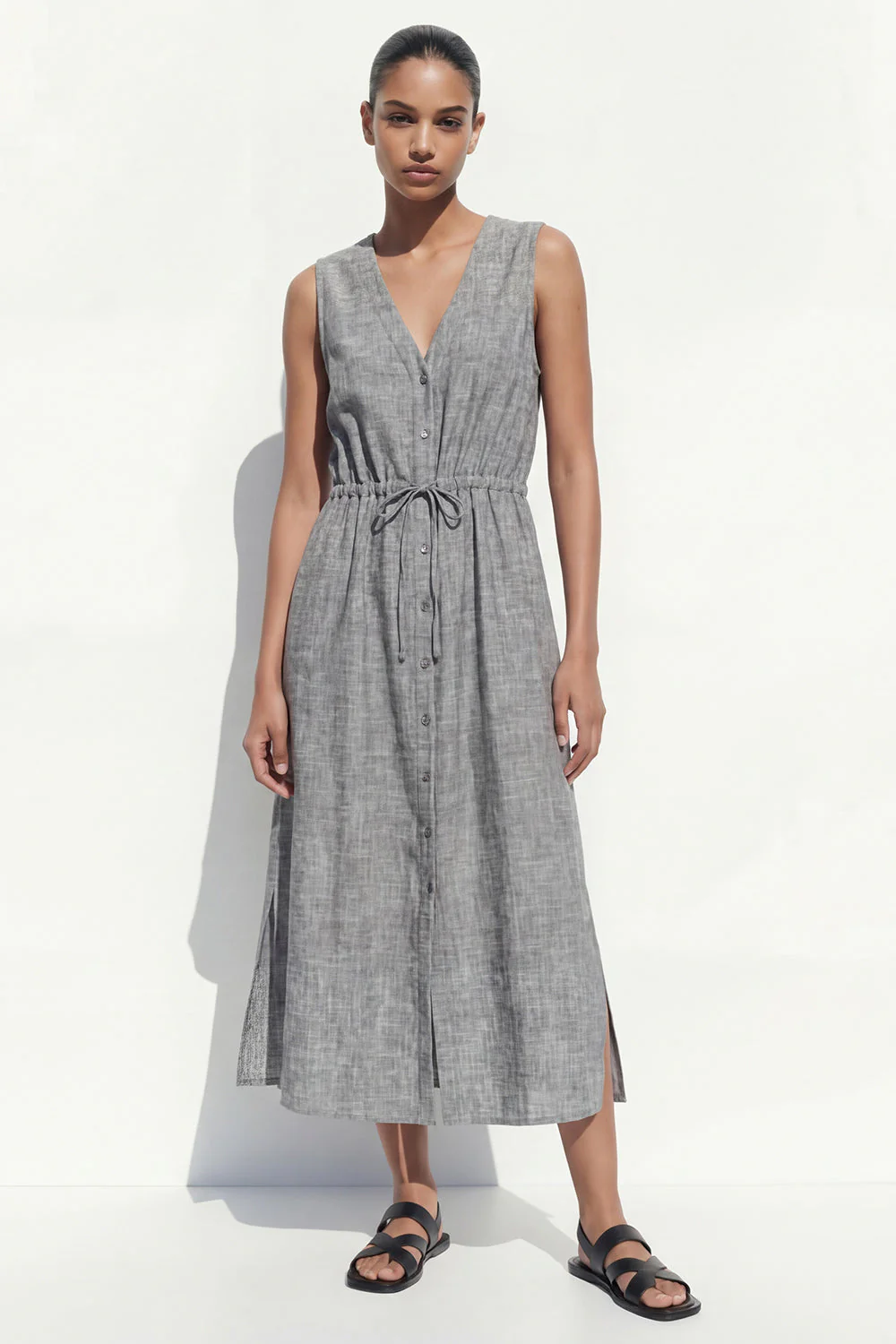 Grey V-Neck Single Breasted Midi Work Dress with Belt