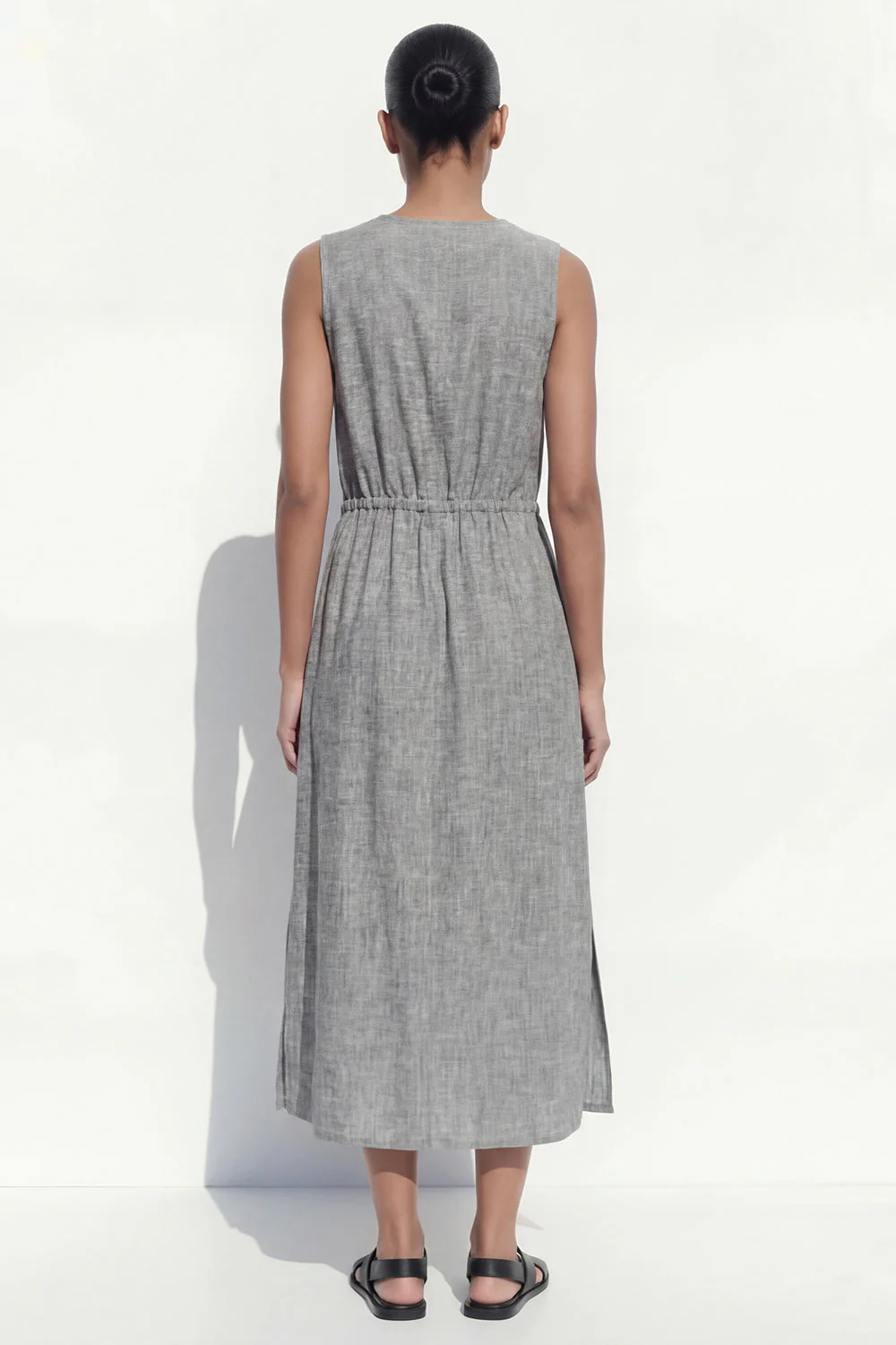 Grey V-Neck Single Breasted Midi Work Dress with Belt - Image 2
