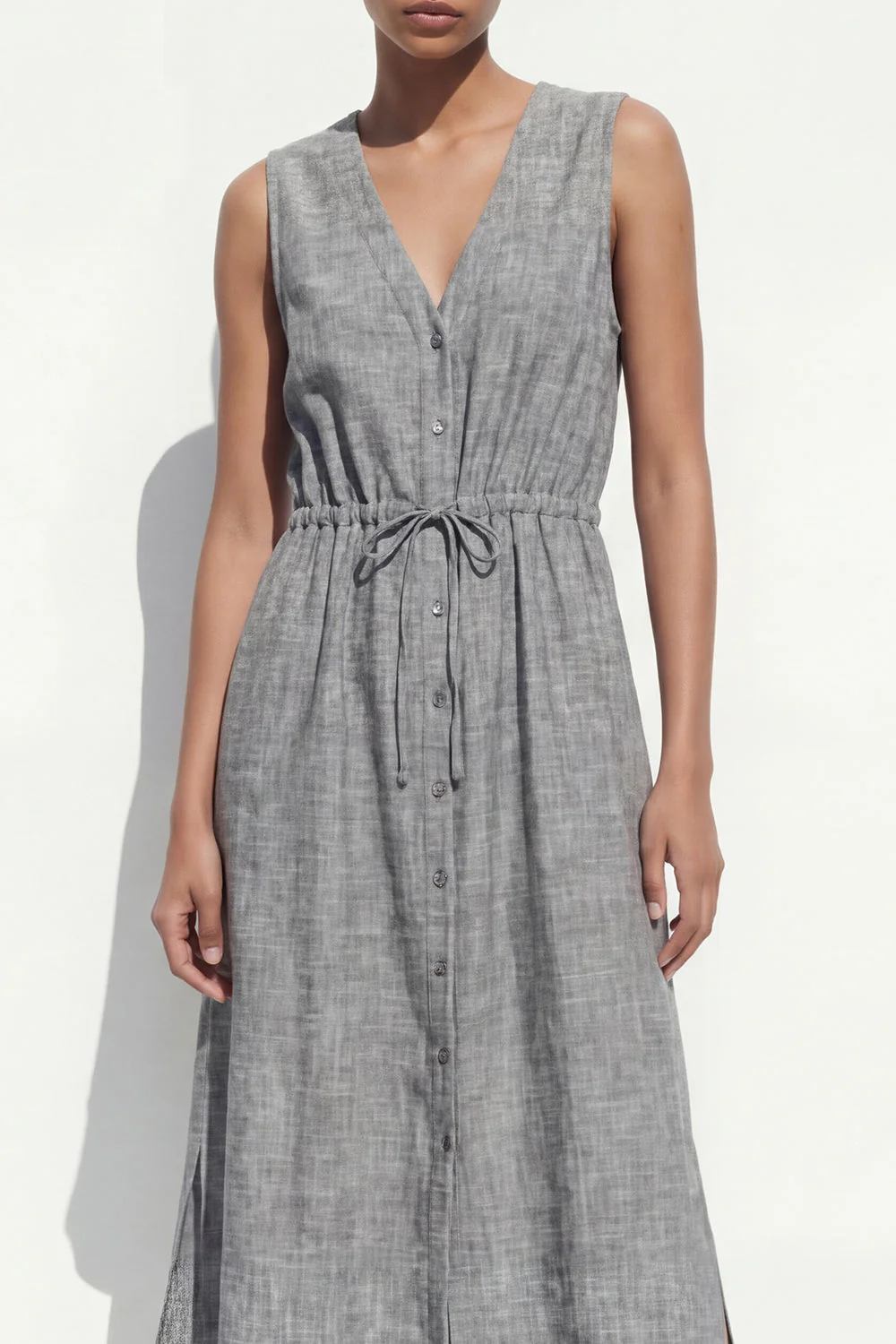 Grey V-Neck Single Breasted Midi Work Dress with Belt - Image 3