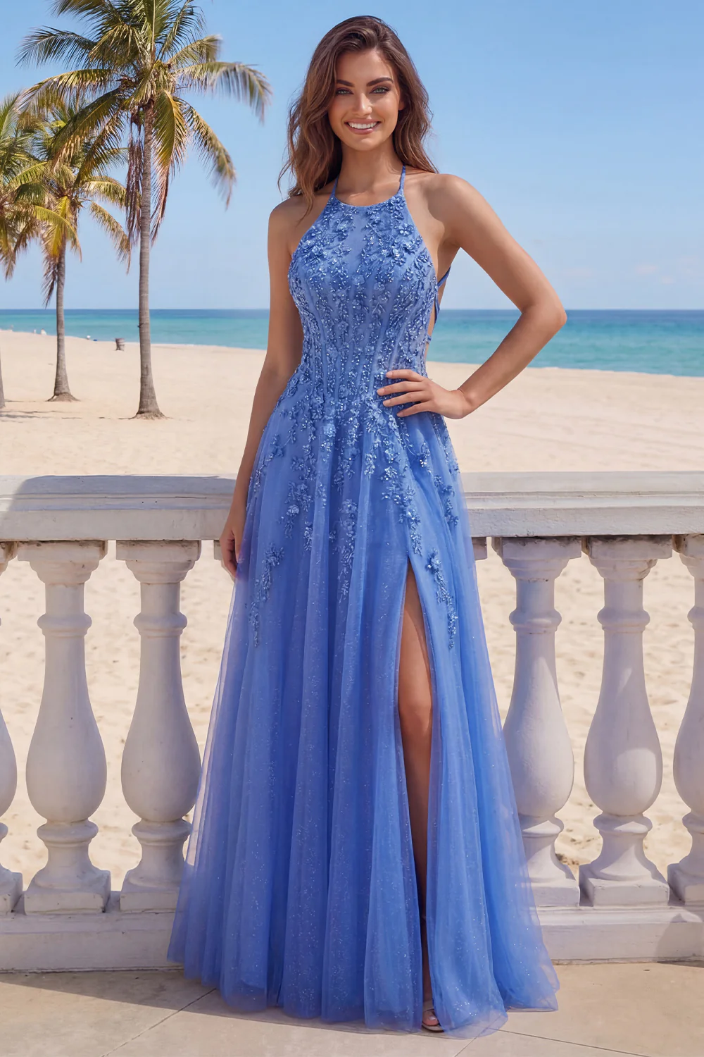 Halter A Line Dark Blue 3D Flowers Long Tulle Prom Dress with Slit