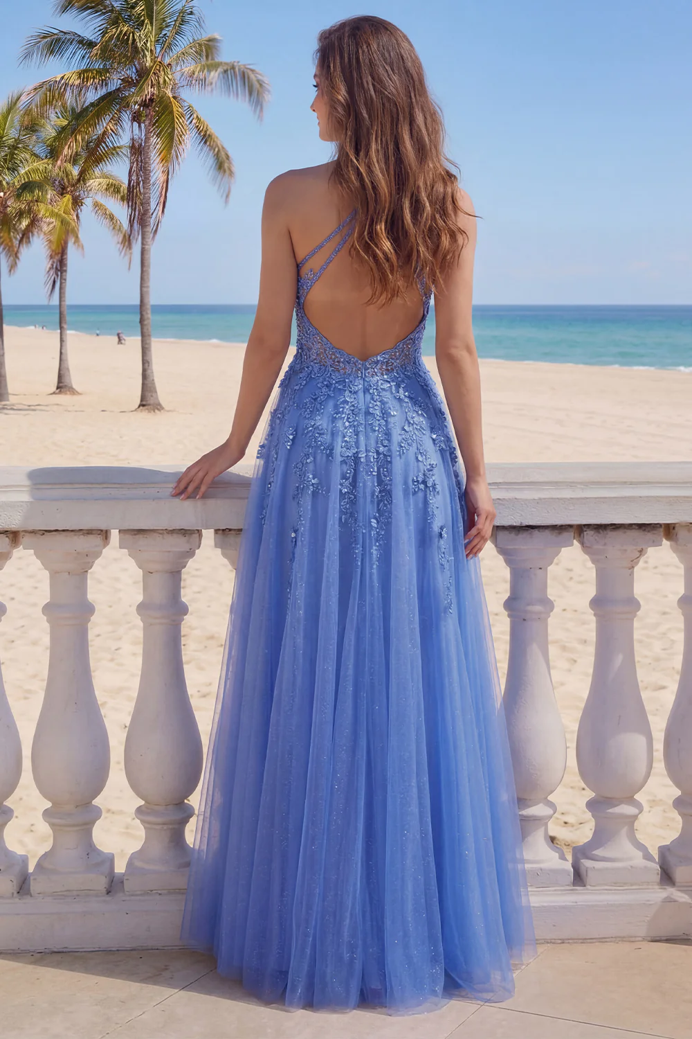 Halter A Line Dark Blue 3D Flowers Long Tulle Prom Dress with Slit - Image 2