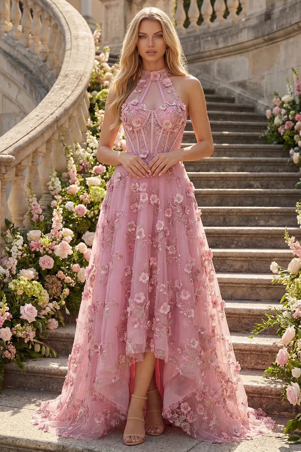 Halter A Line Taro Corset High-Low Prom Dress with 3D Flowers