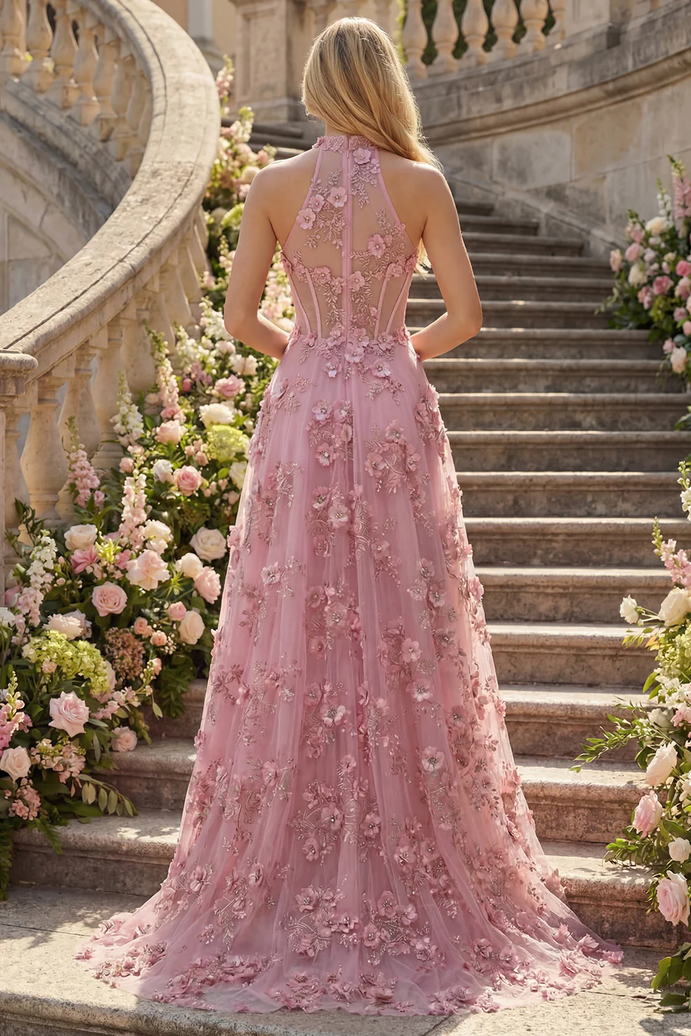 Halter A Line Taro Corset High-Low Prom Dress with 3D Flowers - Image 2