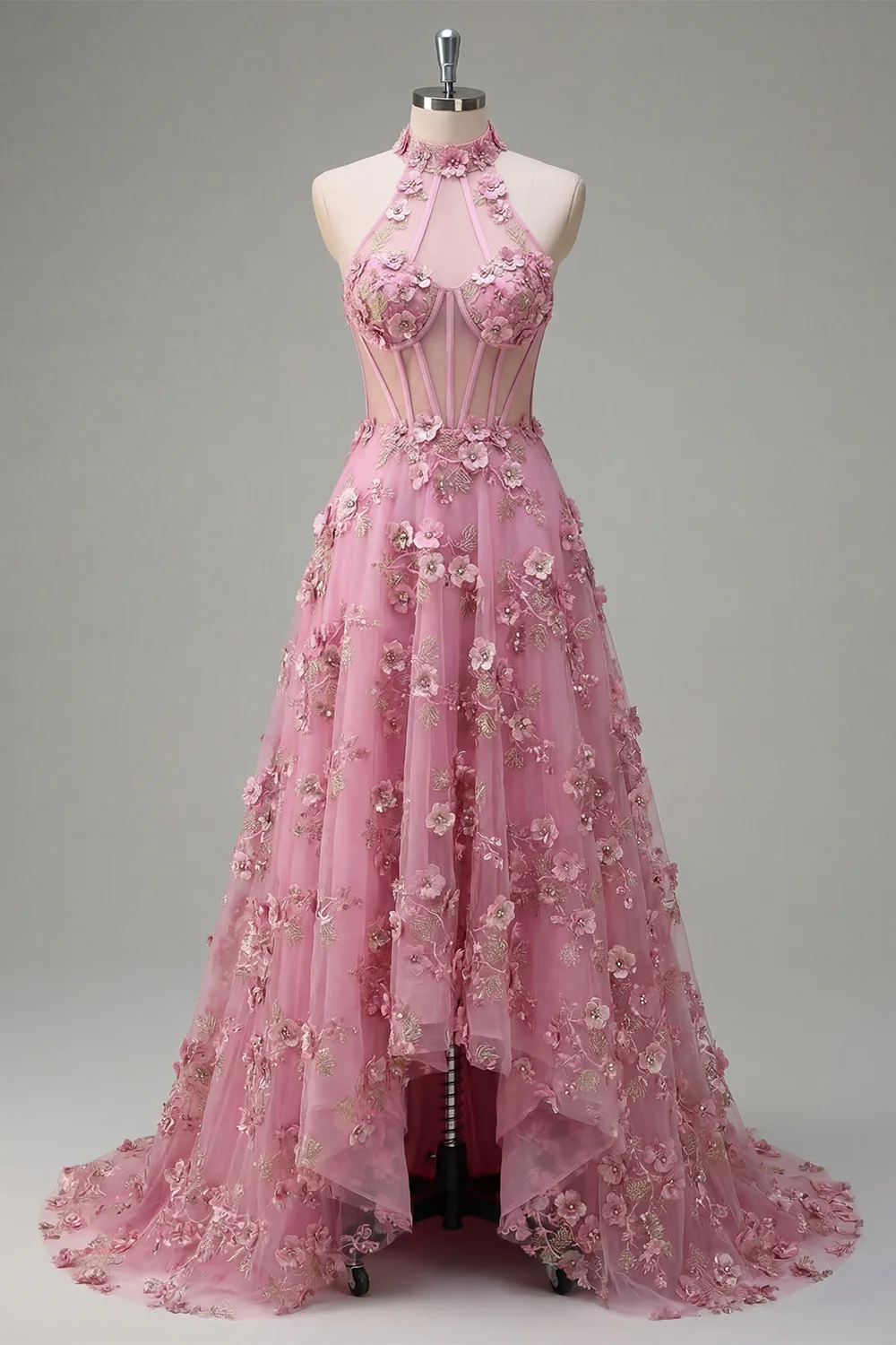 Halter A Line Taro Corset High-Low Prom Dress with 3D Flowers - Image 3