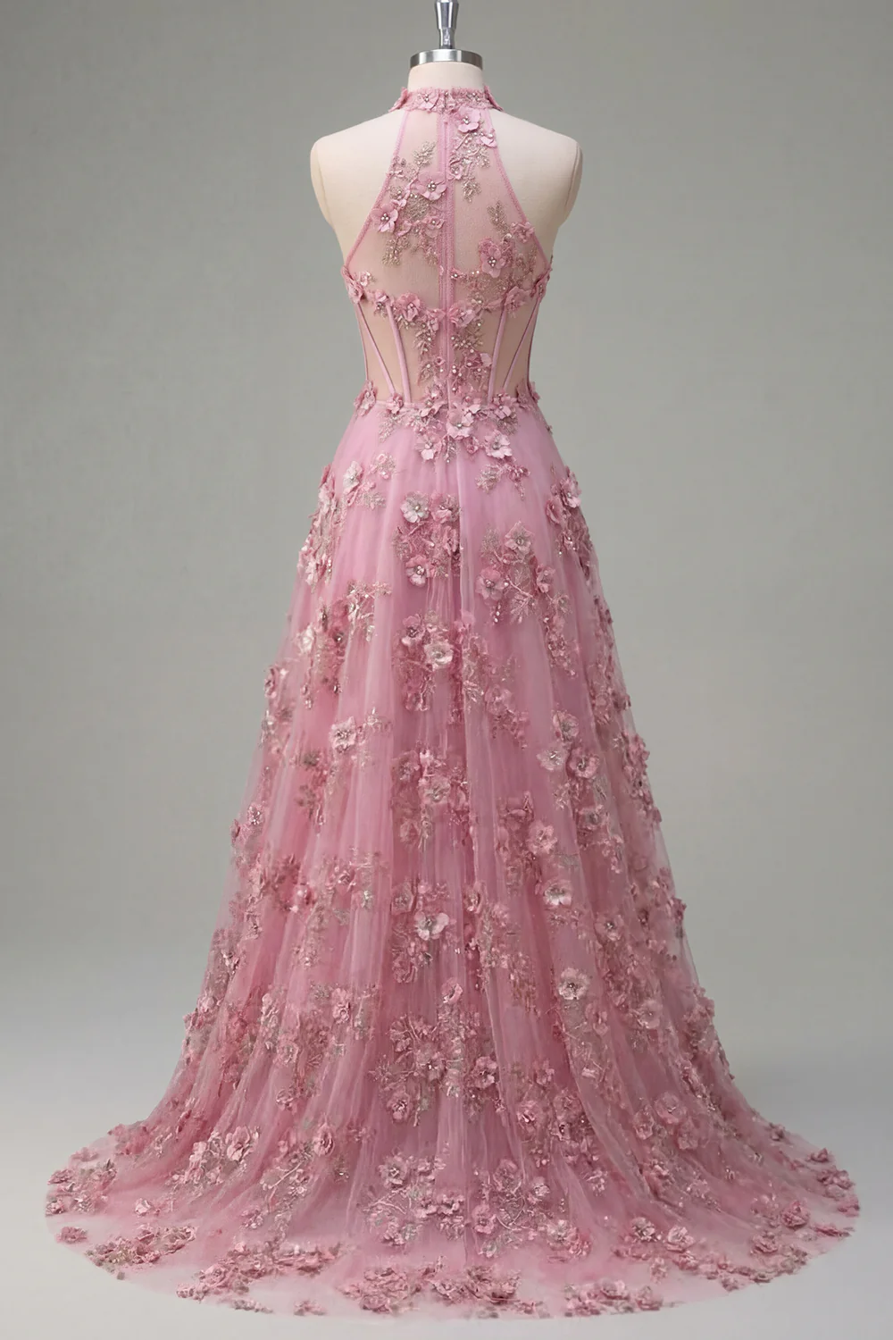 Halter A Line Taro Corset High-Low Prom Dress with 3D Flowers - Image 4