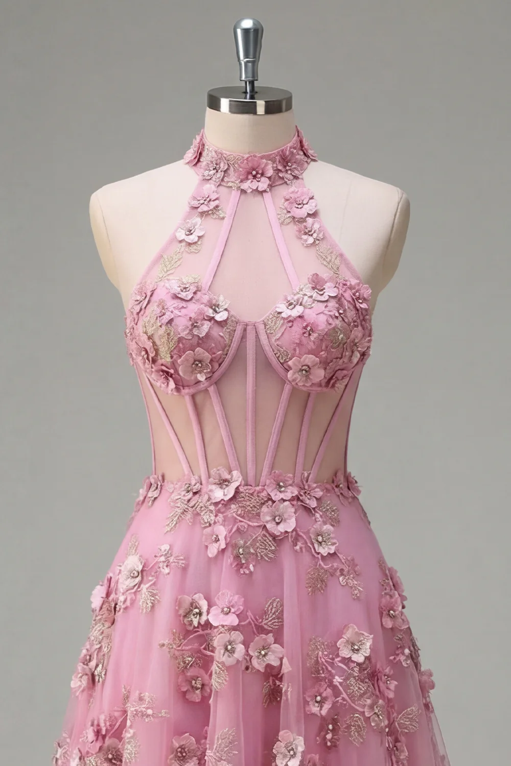 Halter A Line Taro Corset High-Low Prom Dress with 3D Flowers - Image 5