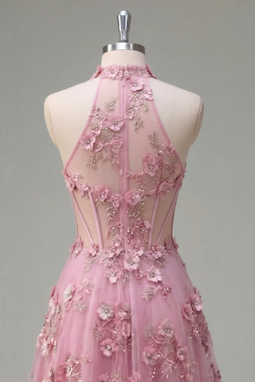 Halter A Line Taro Corset High-Low Prom Dress with 3D Flowers - Image 6