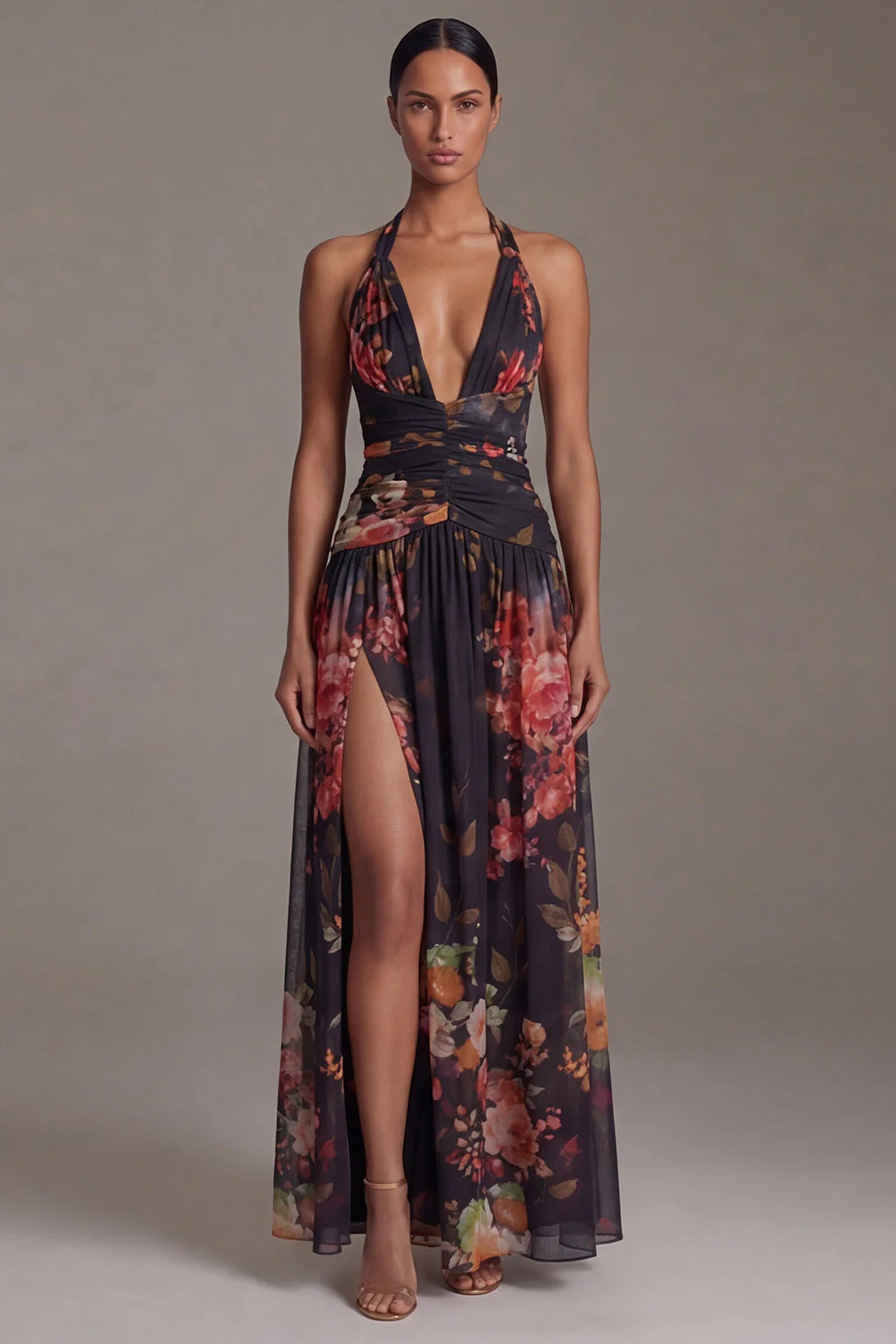 Halter Black Printed A Line Floral Dress with Slit