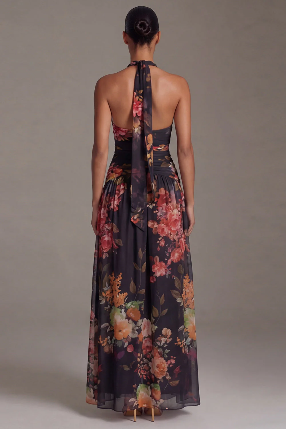 Halter Black Printed A Line Floral Dress with Slit - Image 2