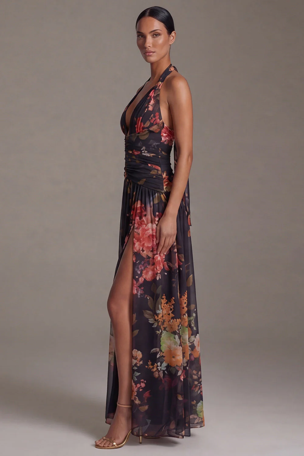 Halter Black Printed A Line Floral Dress with Slit - Image 3