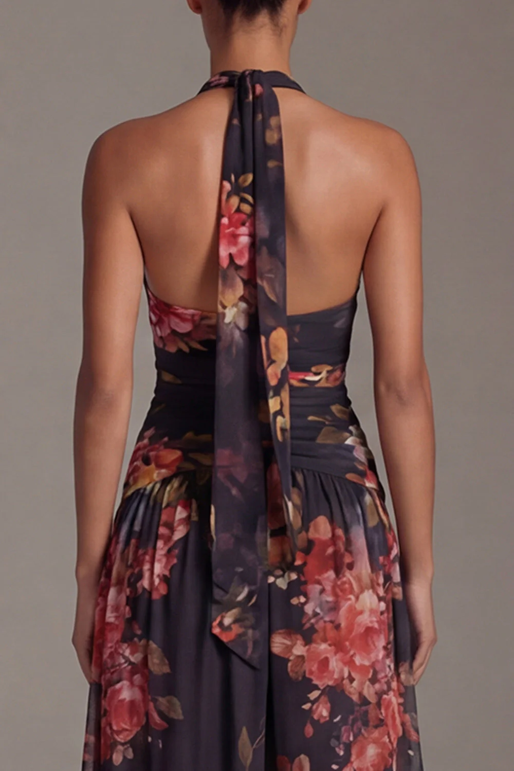 Halter Black Printed A Line Floral Dress with Slit - Image 5