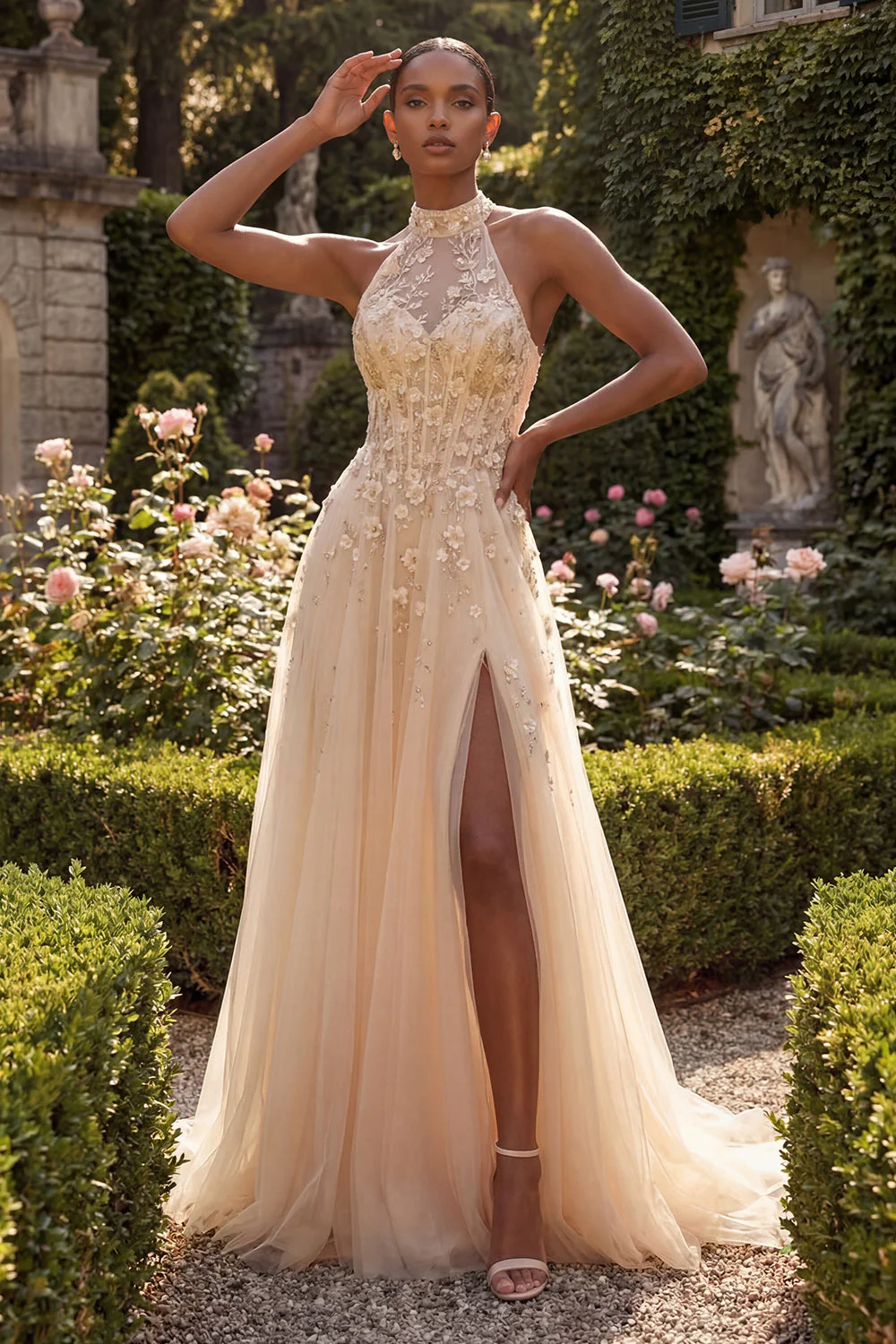 Halter Blush A Line Corset 3D Flowers Long Tulle Prom Dress with Slit
