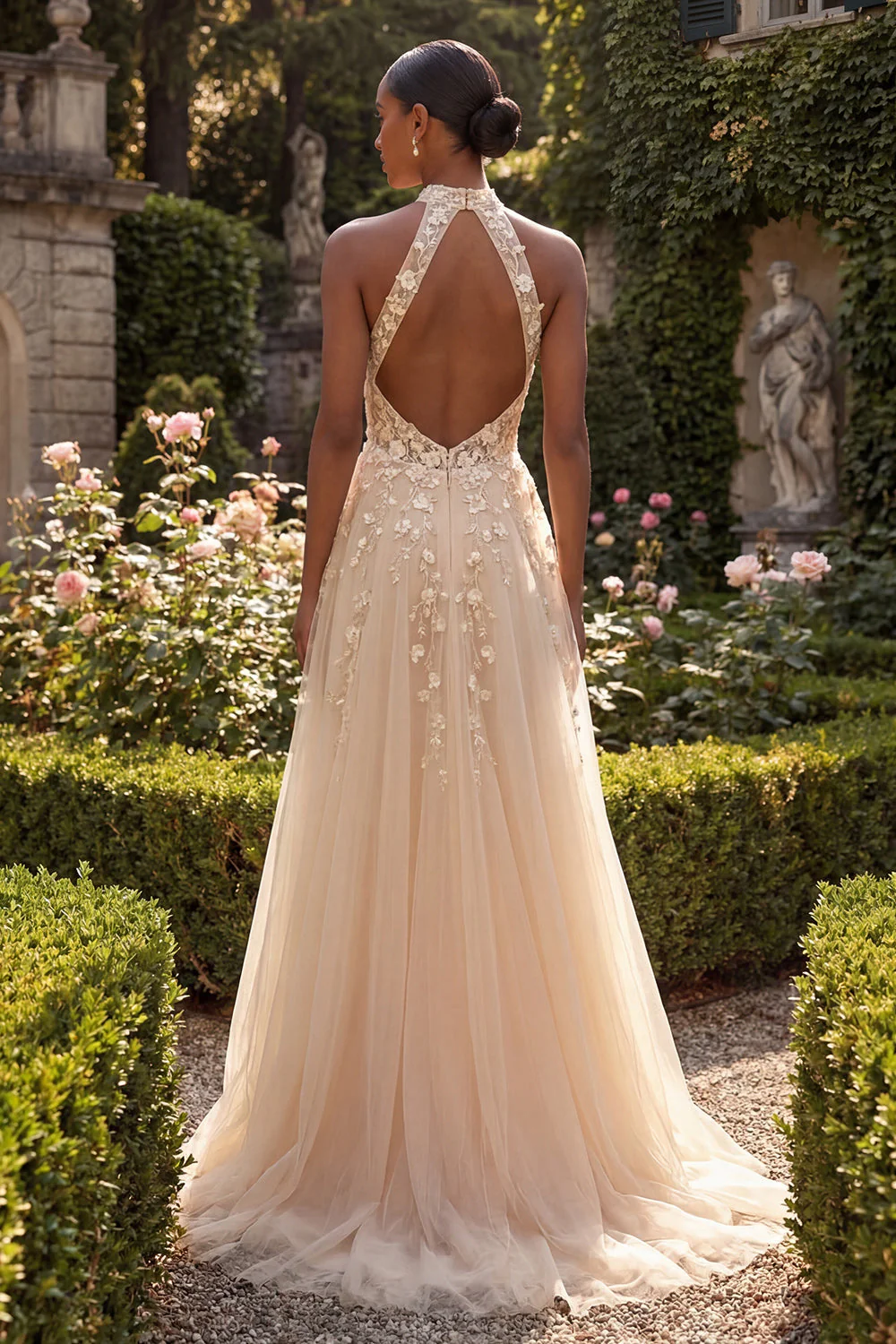 Halter Blush A Line Corset 3D Flowers Long Tulle Prom Dress with Slit - Image 2