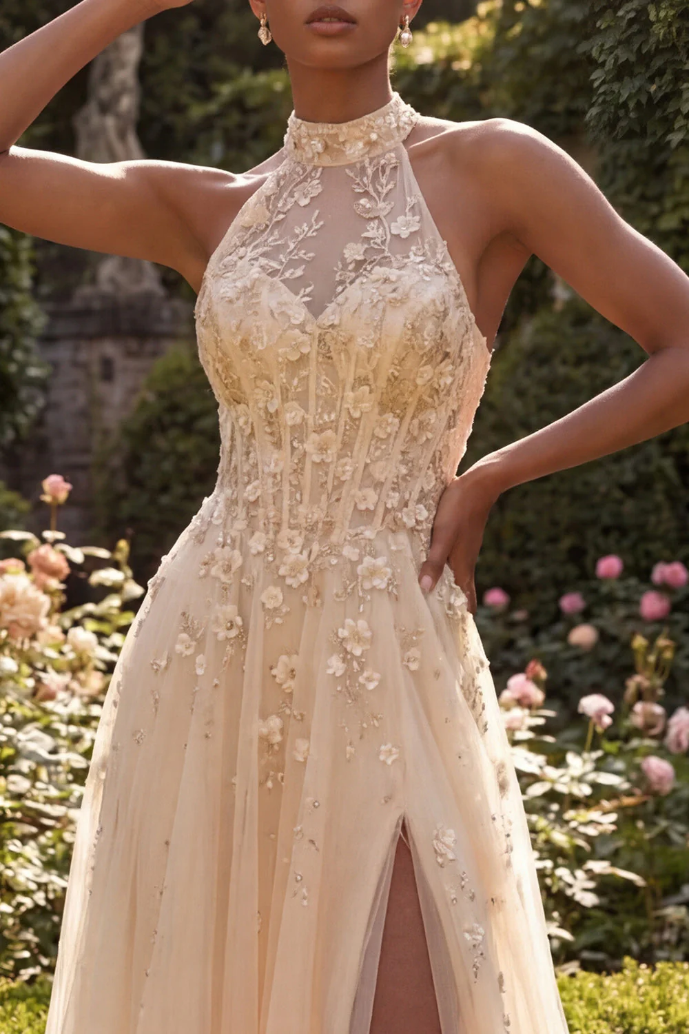 Halter Blush A Line Corset 3D Flowers Long Tulle Prom Dress with Slit - Image 3
