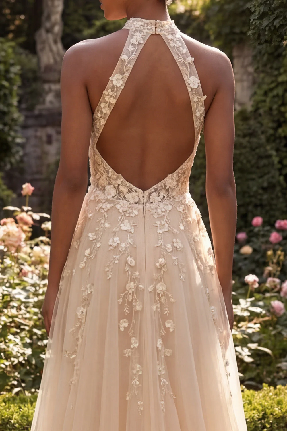 Halter Blush A Line Corset 3D Flowers Long Tulle Prom Dress with Slit - Image 4