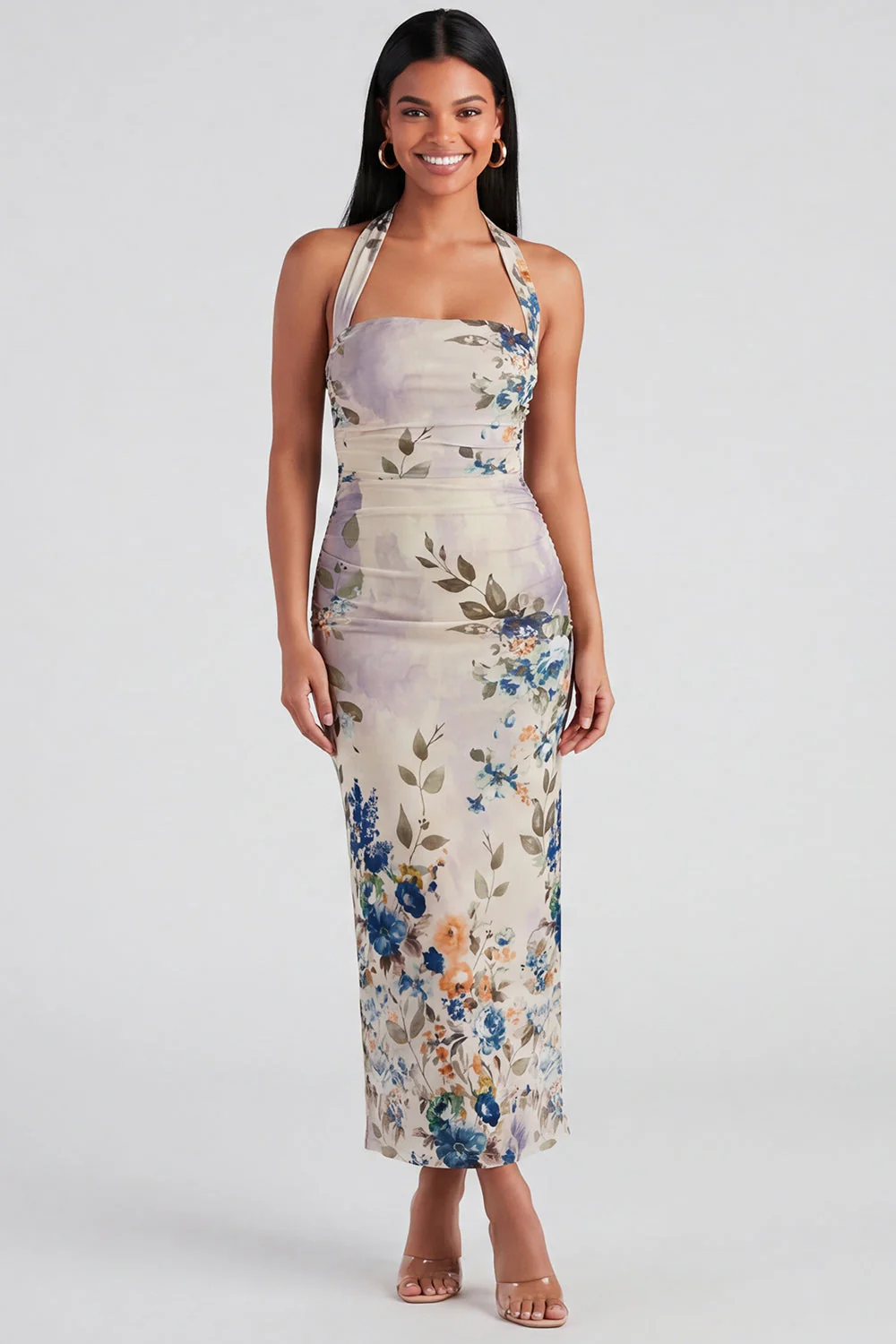 Champagne Halter Sheath Maxi Floral Dress - Image 10