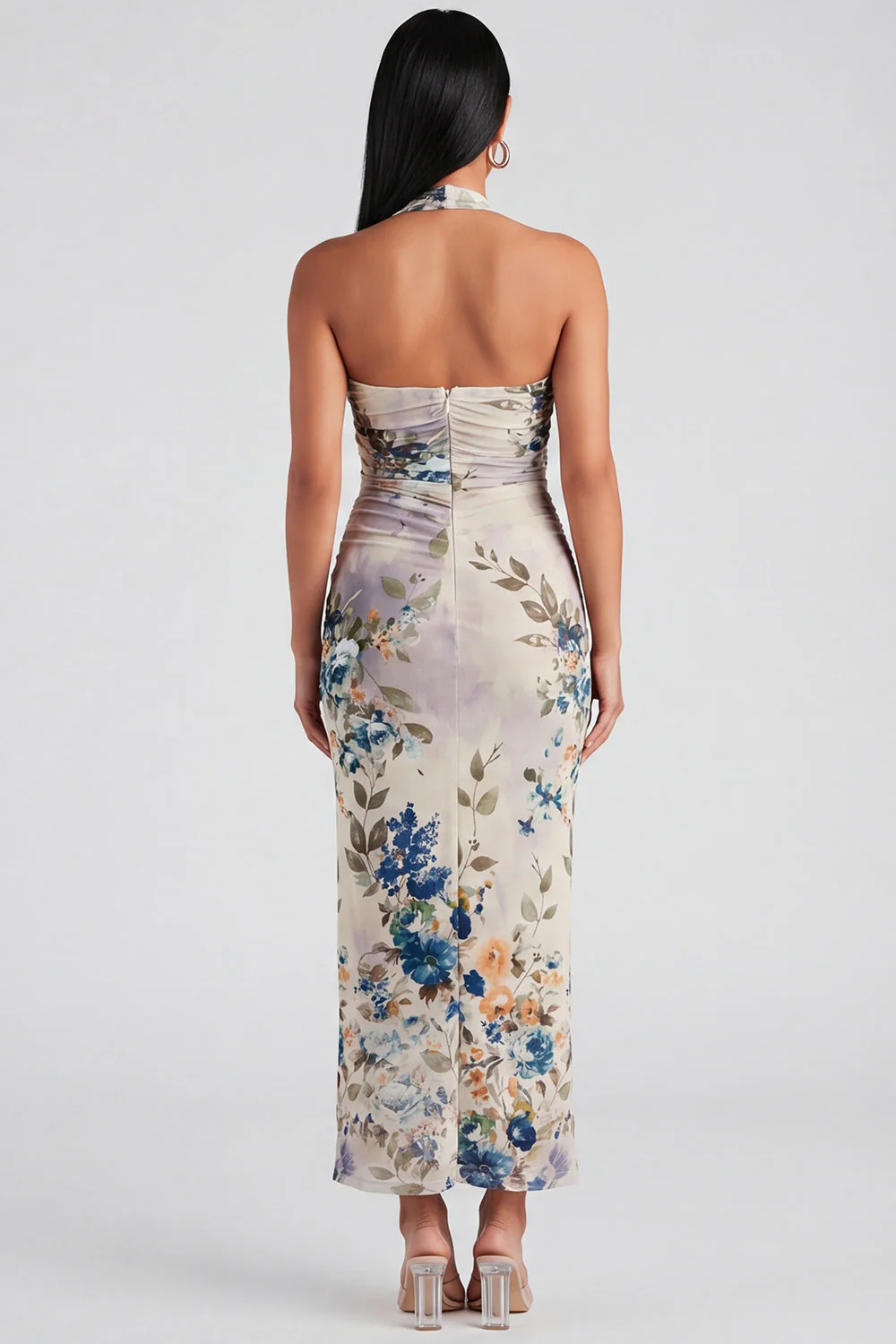 Champagne Halter Sheath Maxi Floral Dress - Image 11