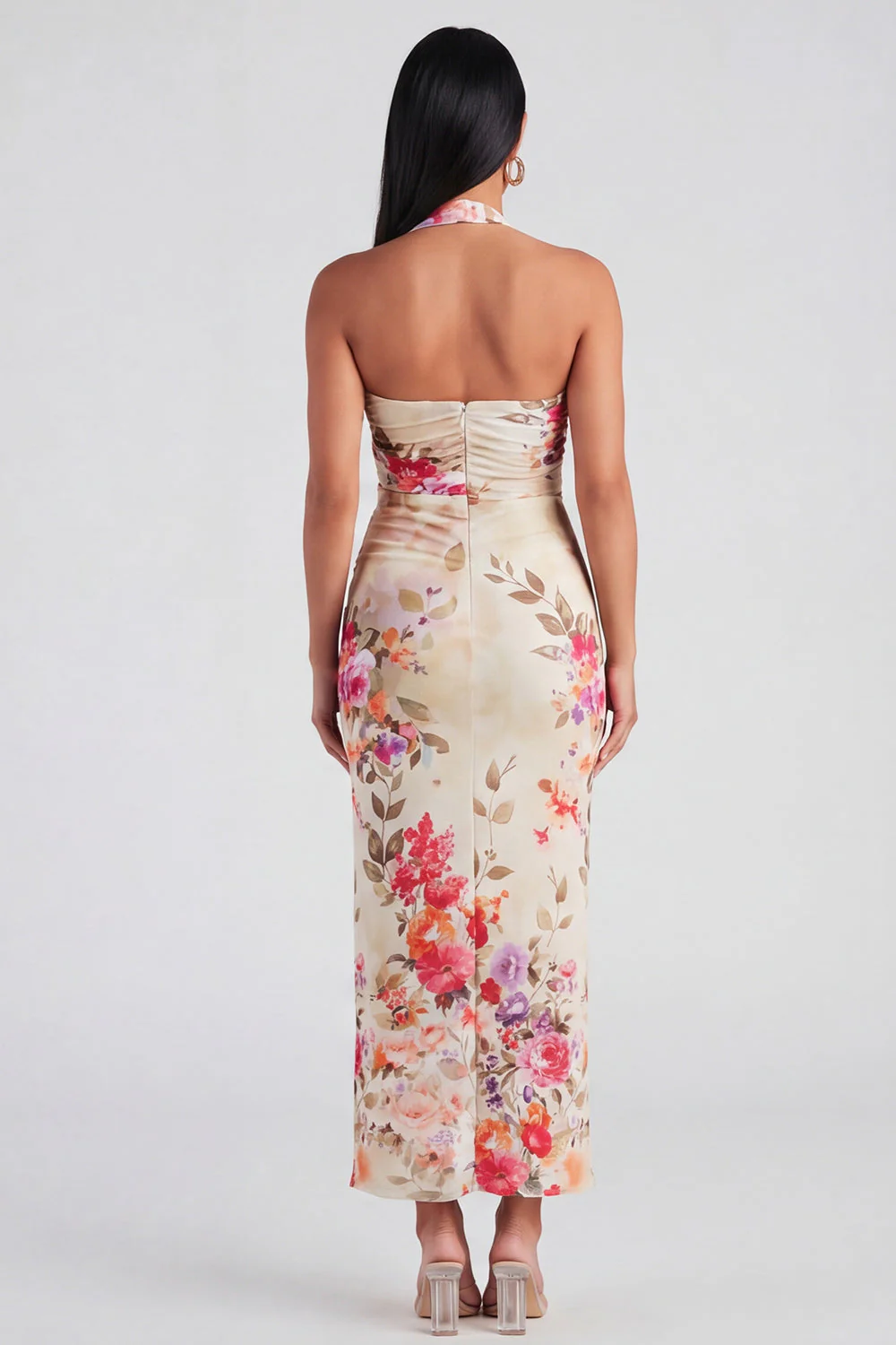 Champagne Halter Sheath Maxi Floral Dress - Image 2