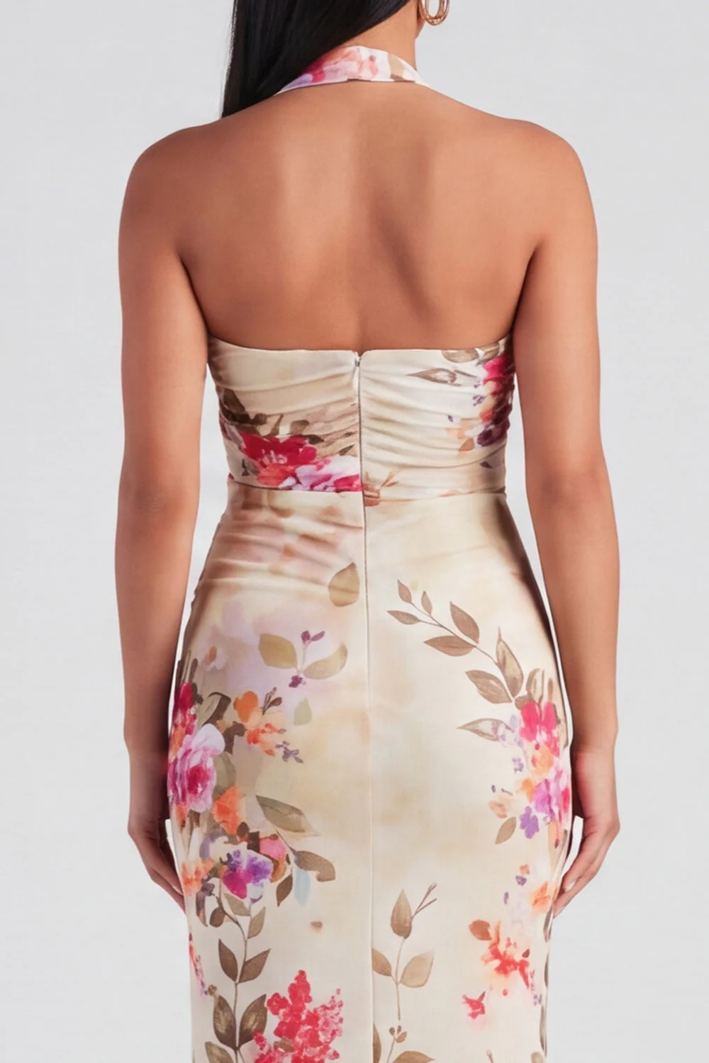 Champagne Halter Sheath Maxi Floral Dress - Image 4