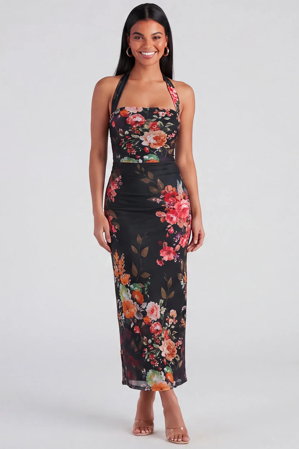 Champagne Halter Sheath Maxi Floral Dress - Image 6