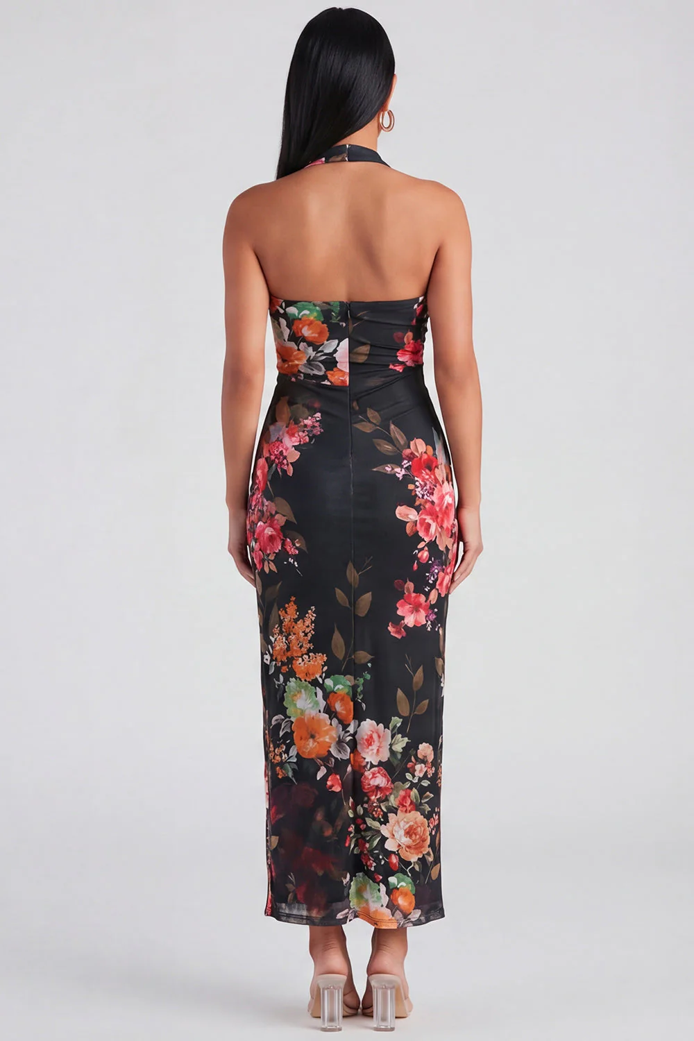 Champagne Halter Sheath Maxi Floral Dress - Image 7