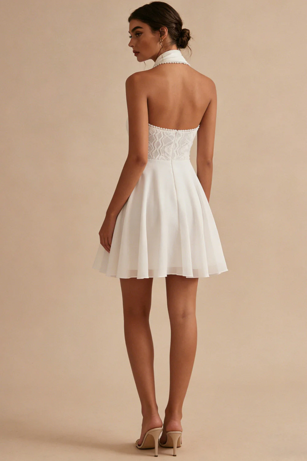 Halter Chiffon Lace A Line Little White Dress - Image 2
