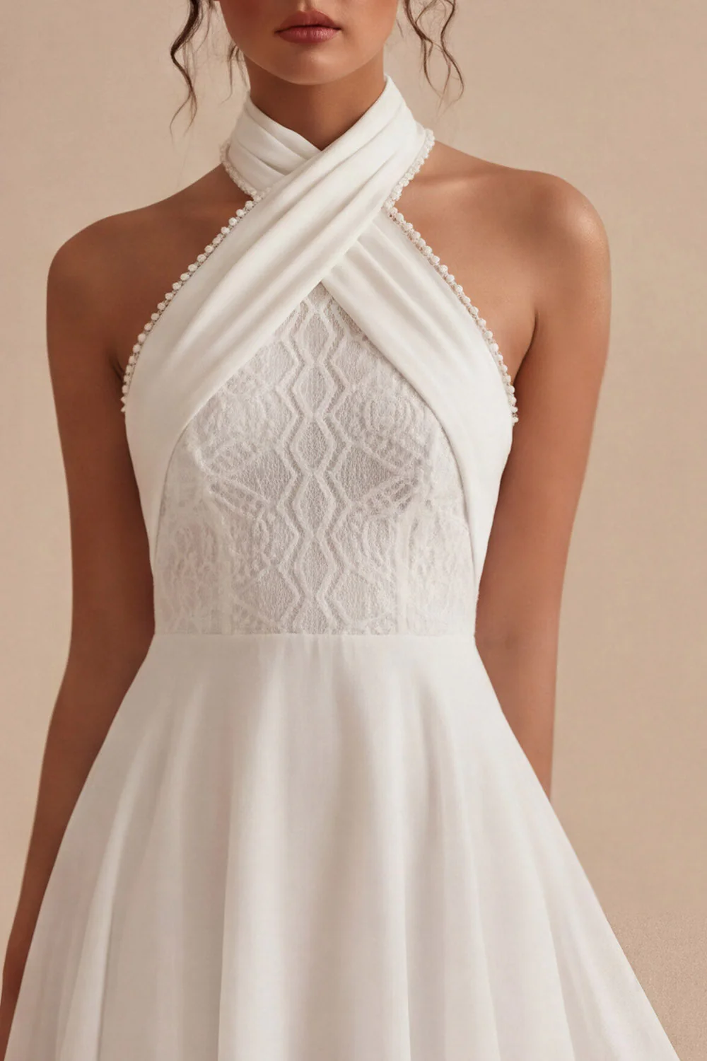 Halter Chiffon Lace A Line Little White Dress - Image 3