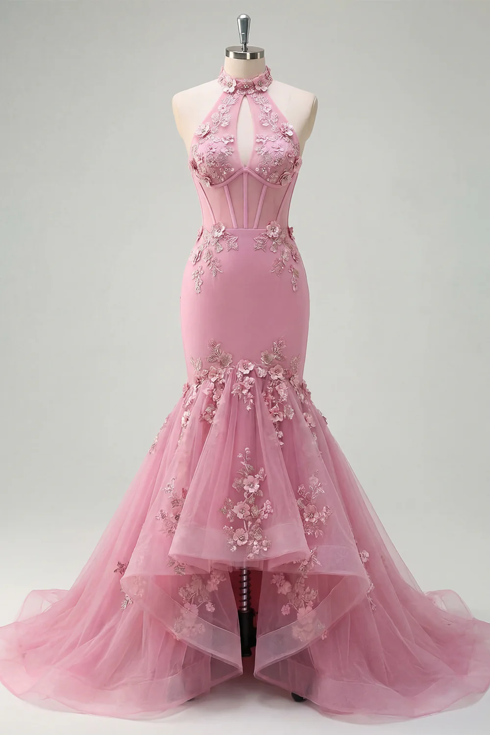 Halter Mermaid Taro Flowers Cut Out Corset Long Prom Dress with Ruffles - Image 3