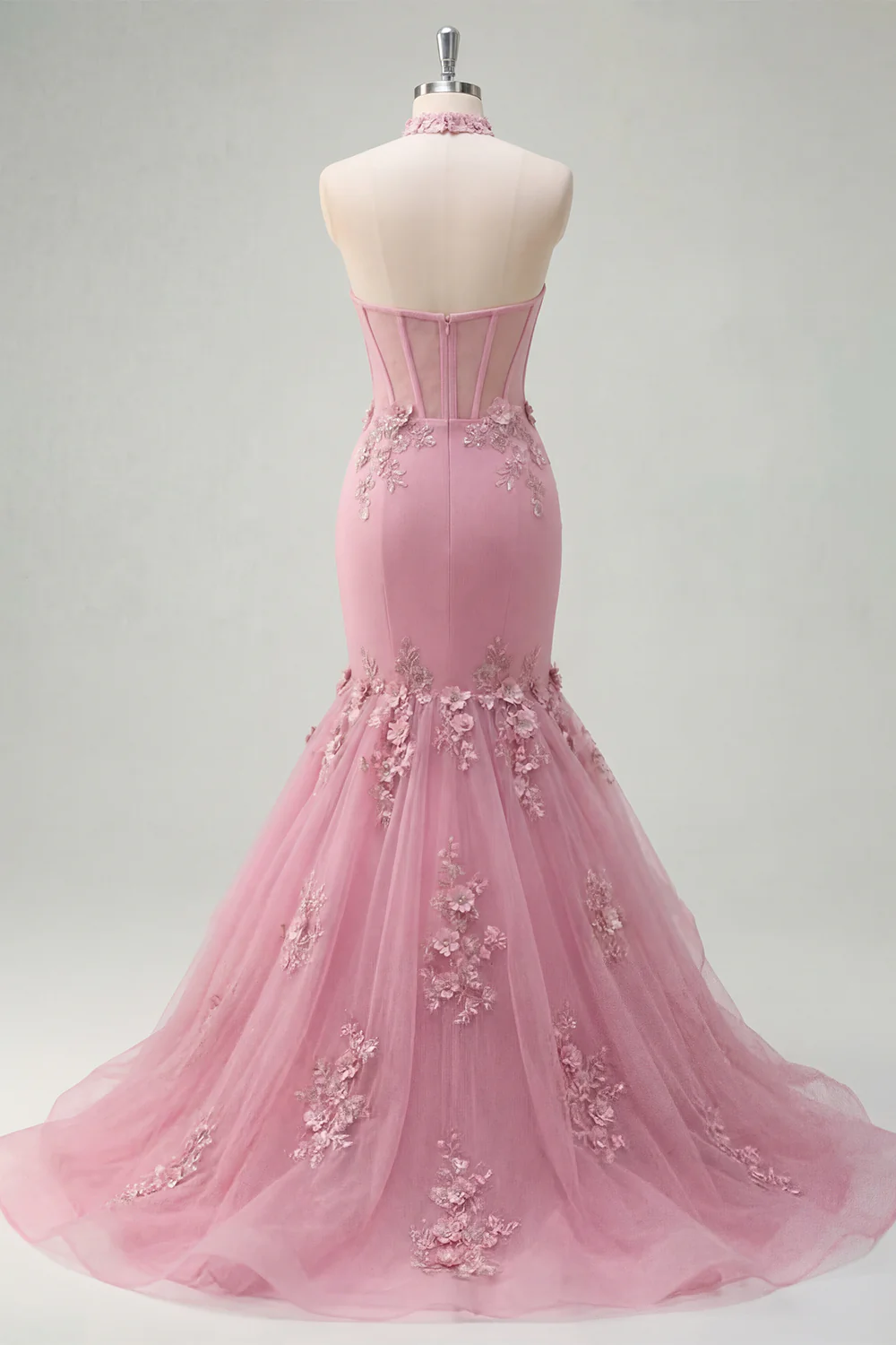 Halter Mermaid Taro Flowers Cut Out Corset Long Prom Dress with Ruffles - Image 4