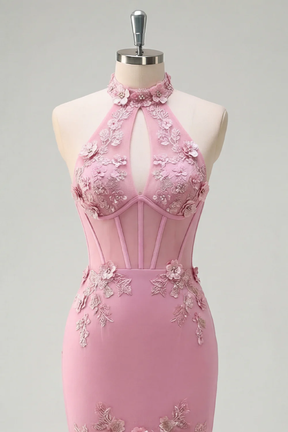 Halter Mermaid Taro Flowers Cut Out Corset Long Prom Dress with Ruffles - Image 5