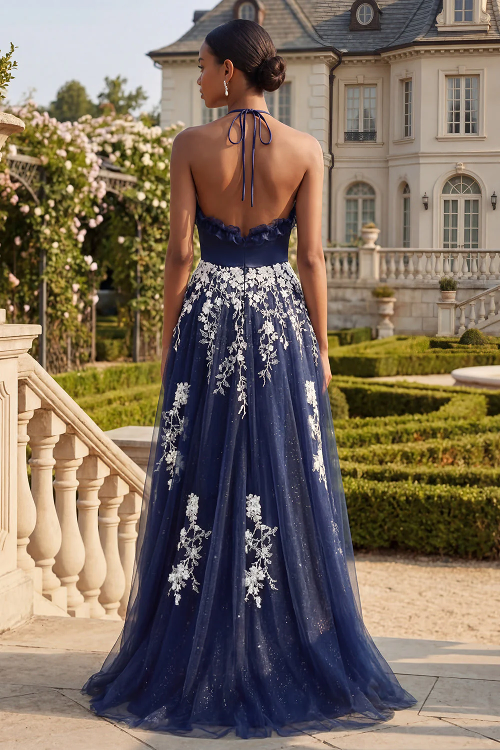 Halter Navy A Line Open Back Floral Long Prom Dress with Slit - Image 2