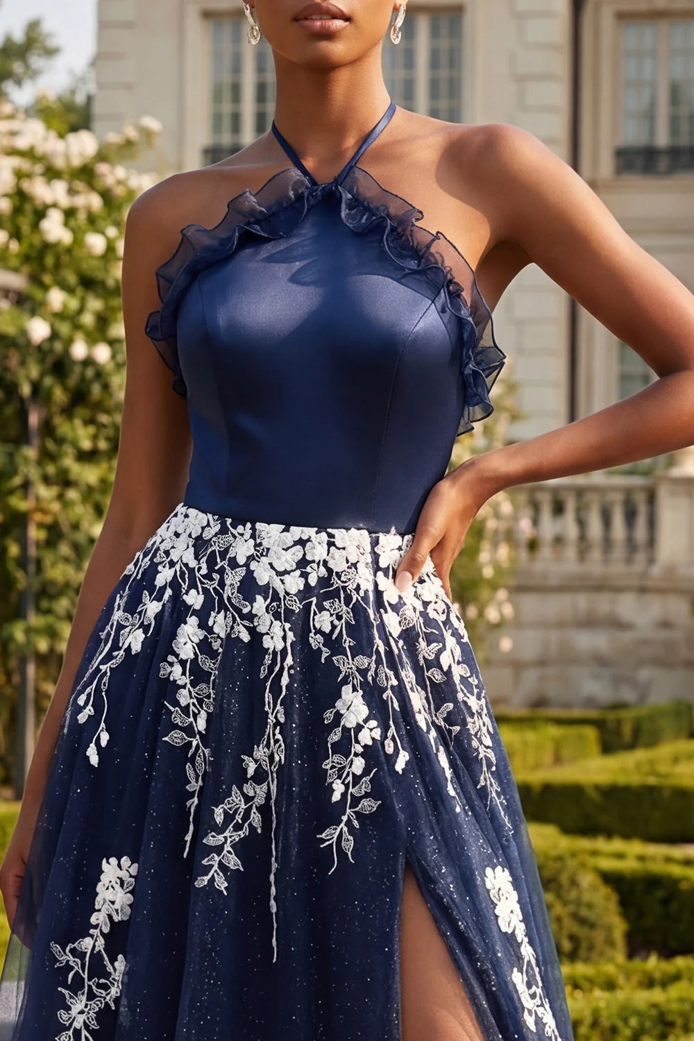Halter Navy A Line Open Back Floral Long Prom Dress with Slit - Image 3