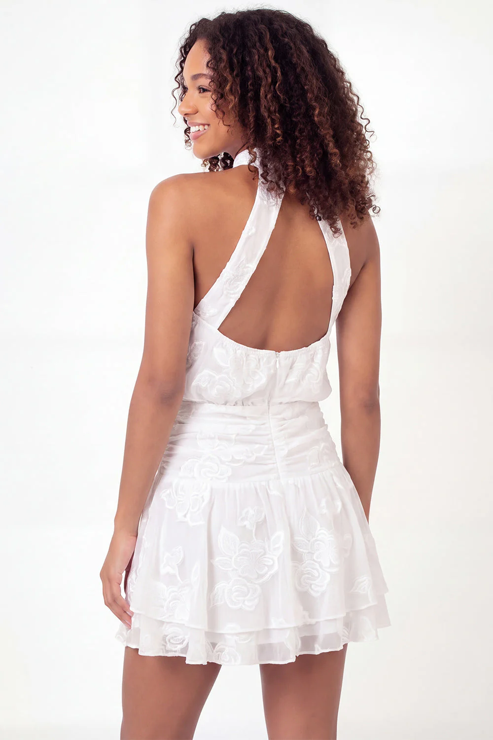 Halter Neck A-Line White Floral Mini Graduation Dress - Image 2