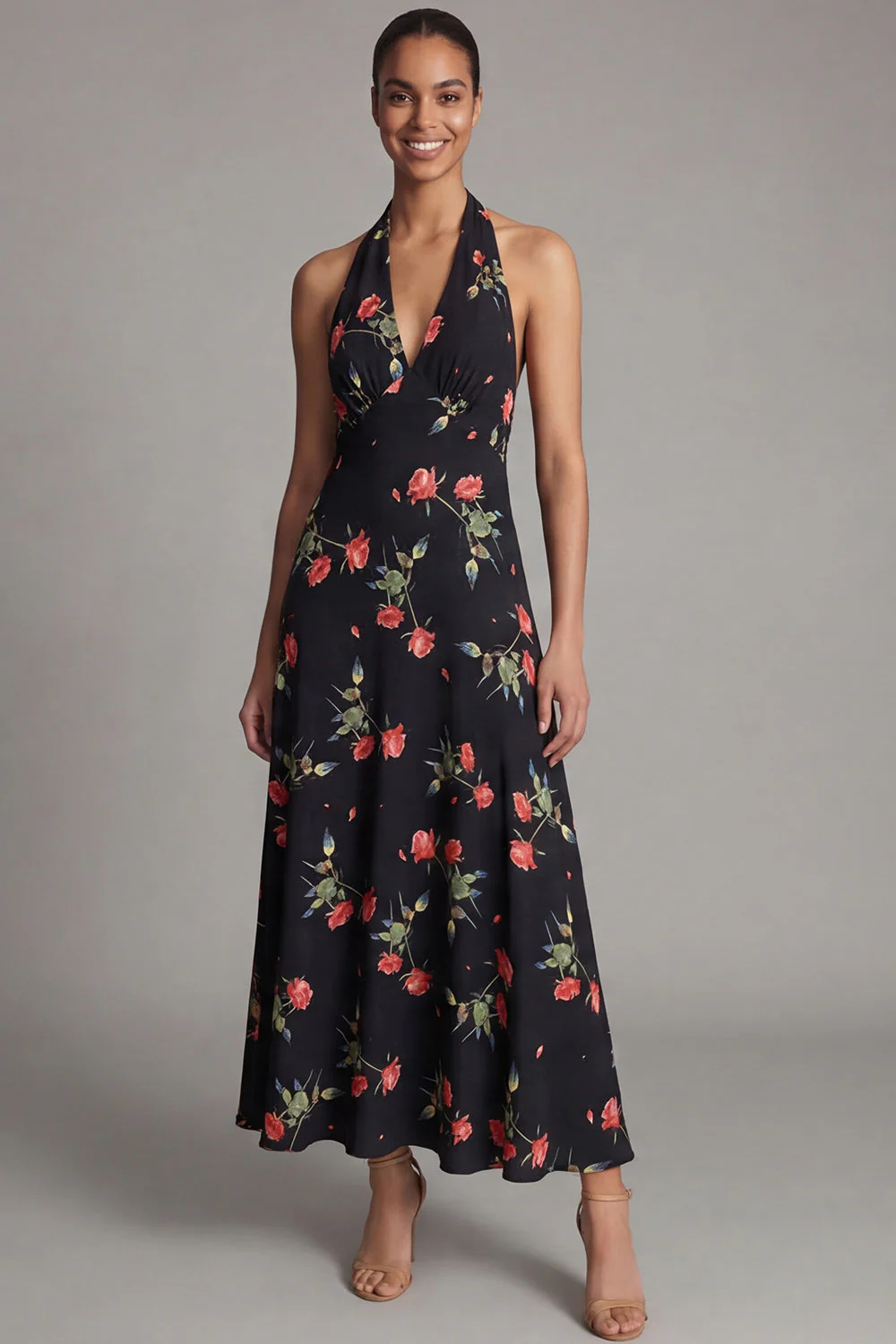 Halter Neck Chiffon Sheath Black Red Flower Printed Long Floral Dress