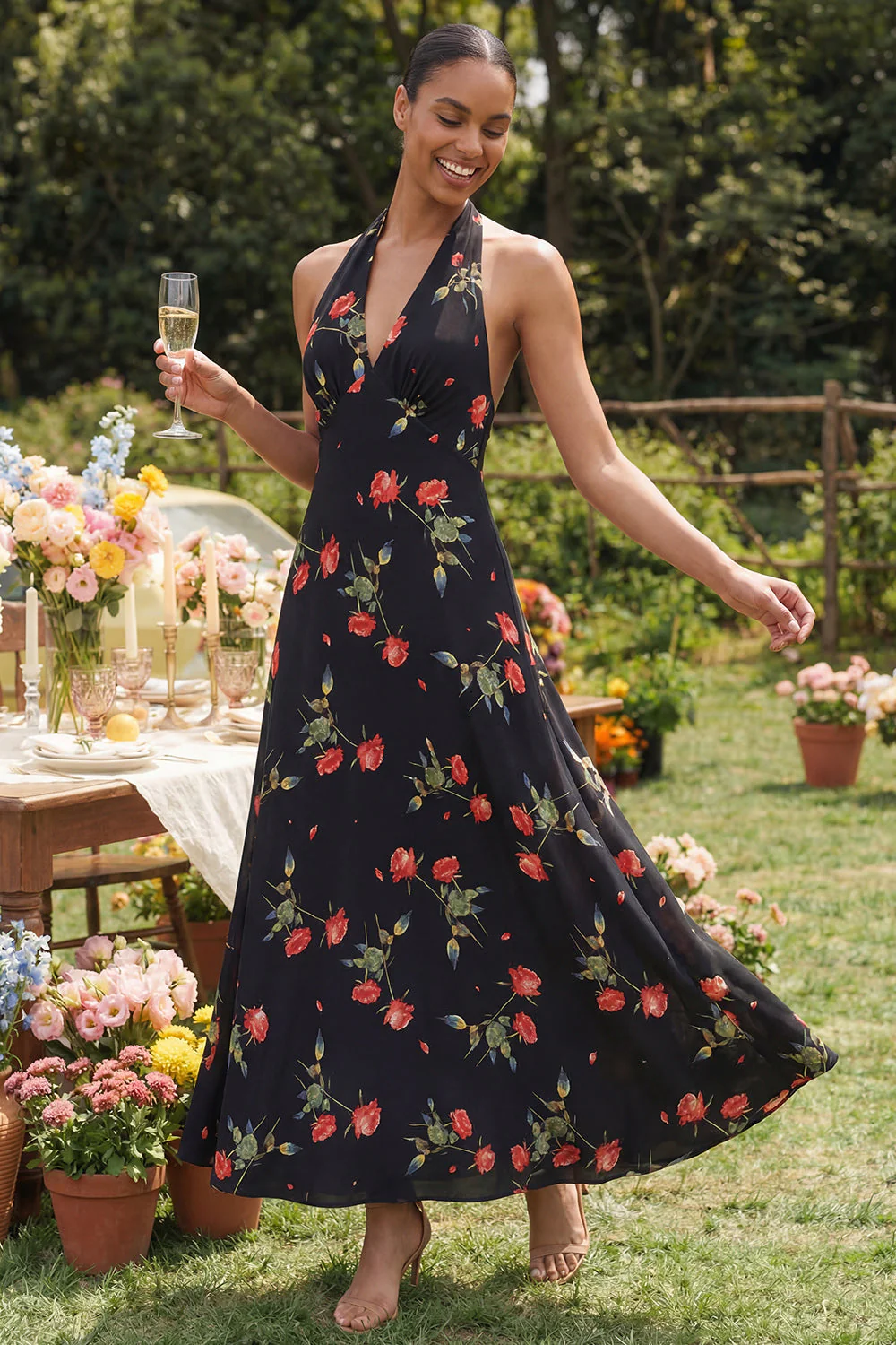 Halter Neck Chiffon Sheath Black Red Flower Printed Long Floral Dress - Image 2
