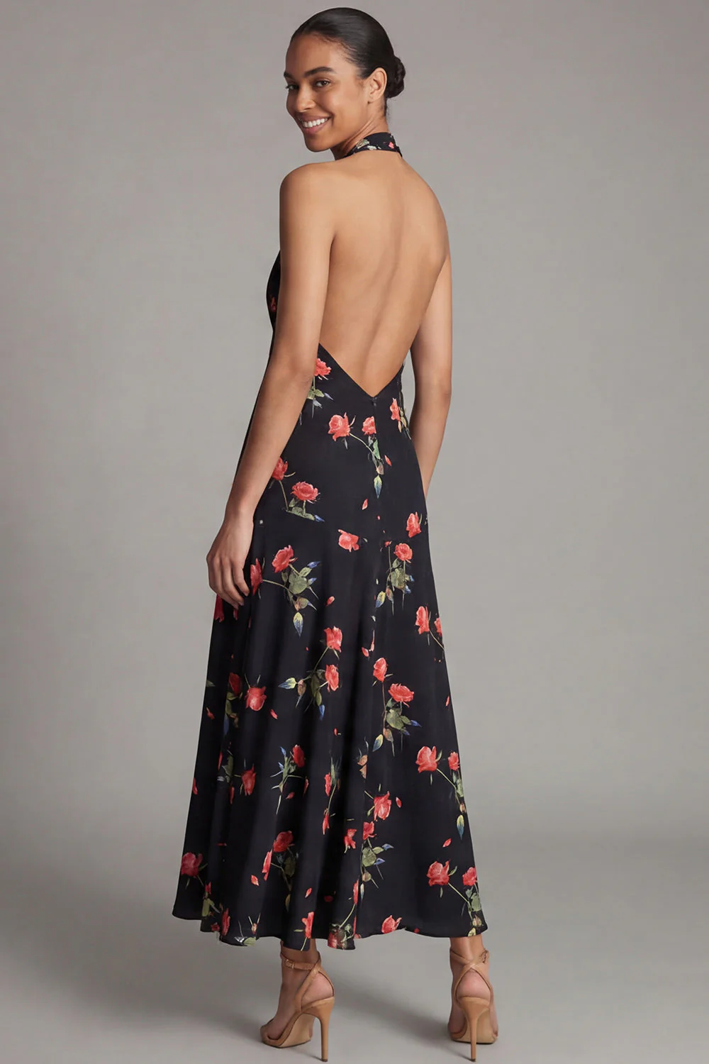 Halter Neck Chiffon Sheath Black Red Flower Printed Long Floral Dress - Image 3
