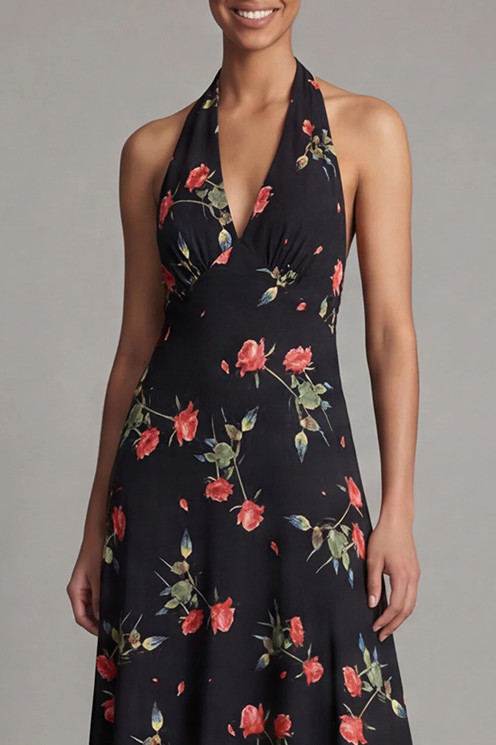 Halter Neck Chiffon Sheath Black Red Flower Printed Long Floral Dress - Image 4