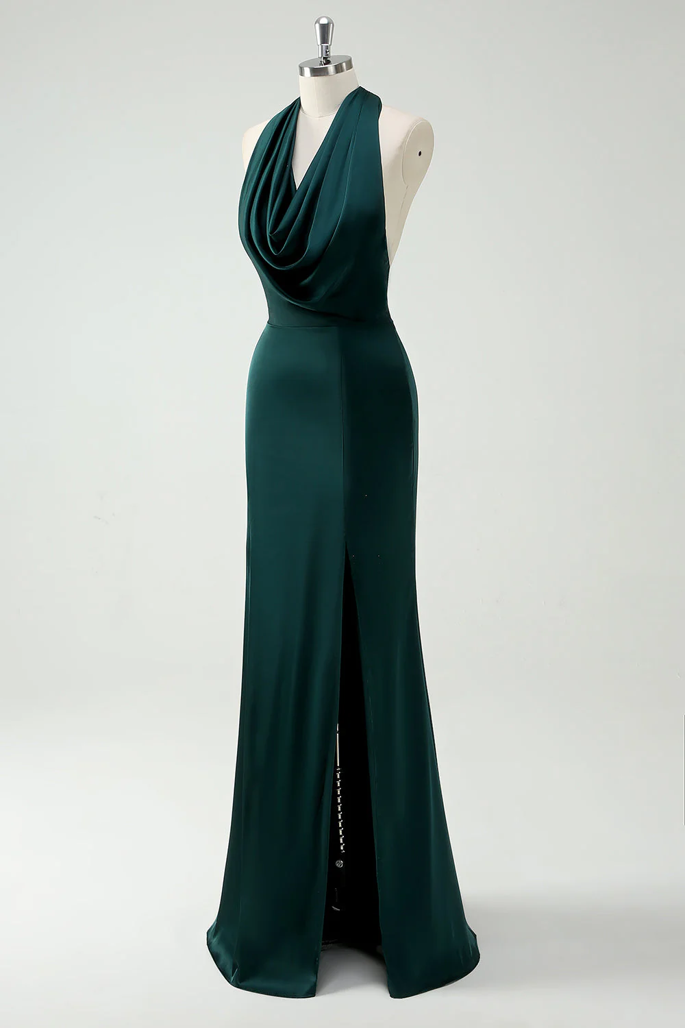 Halter Neck Pine Green Mermaid Long Bridesmaid Dress with Slit - Image 3