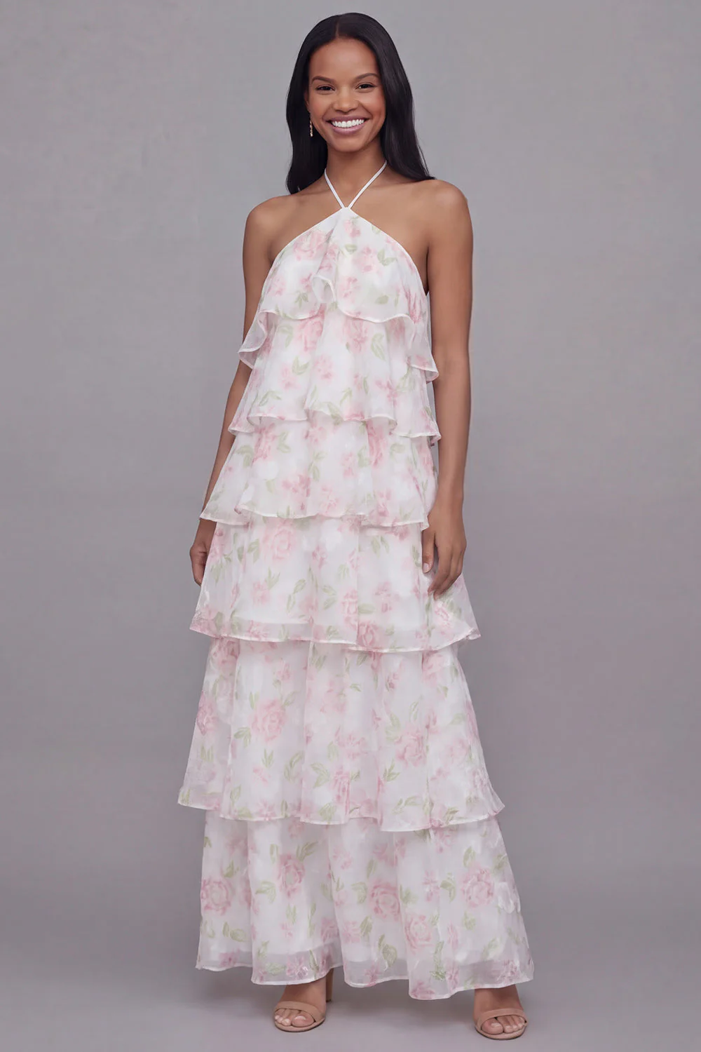 Halter White Pink Flower Chiffon Sheath Tiered Printed Floral Dress - Image 2