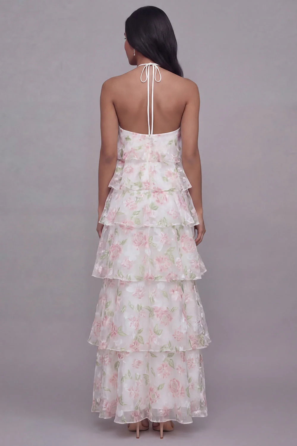 Halter White Pink Flower Chiffon Sheath Tiered Printed Floral Dress - Image 3