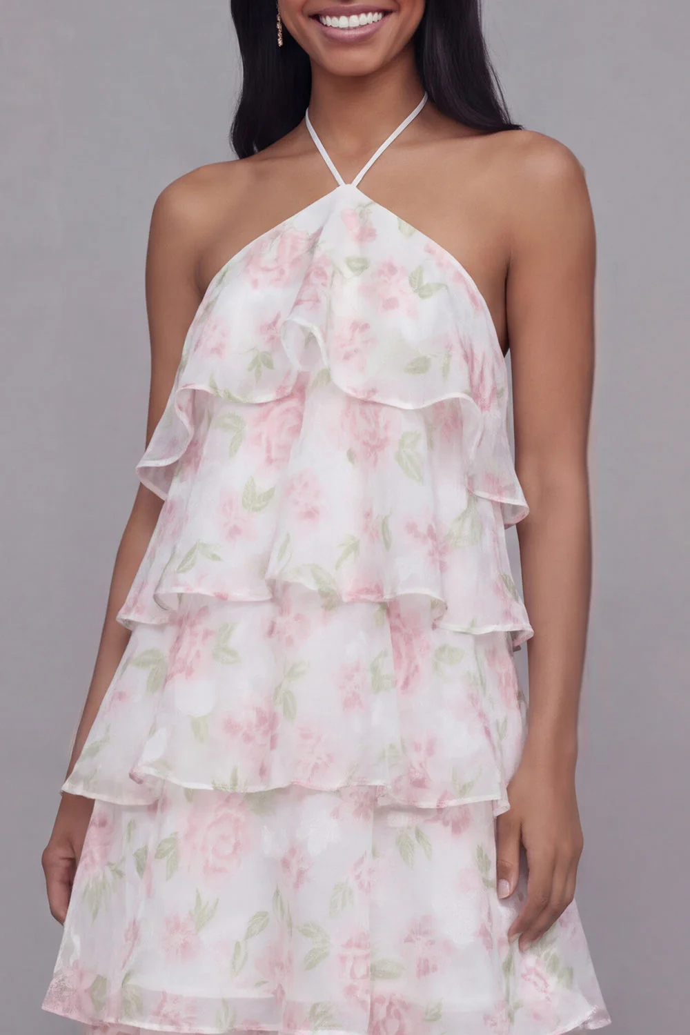 Halter White Pink Flower Chiffon Sheath Tiered Printed Floral Dress - Image 4