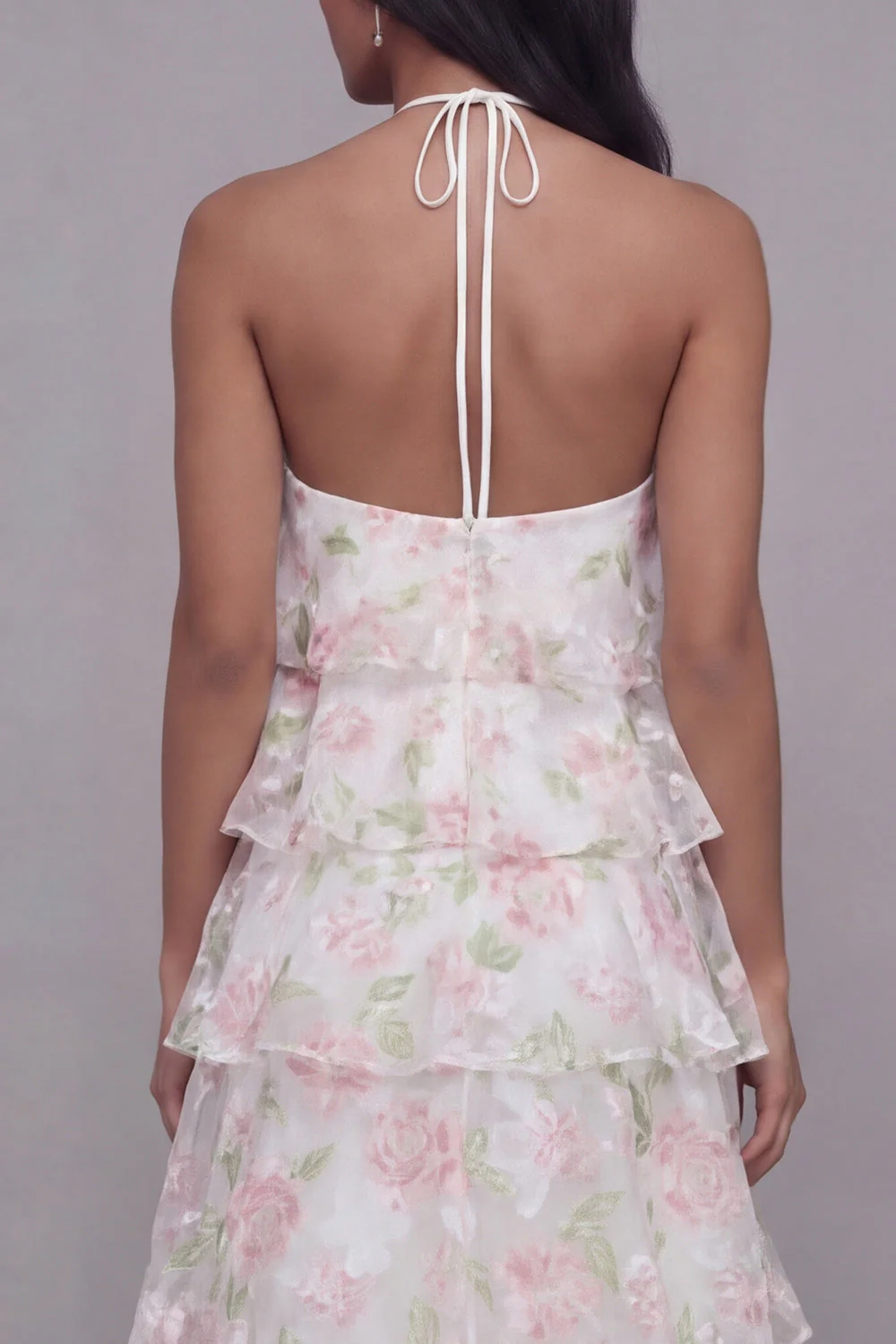 Halter White Pink Flower Chiffon Sheath Tiered Printed Floral Dress - Image 5