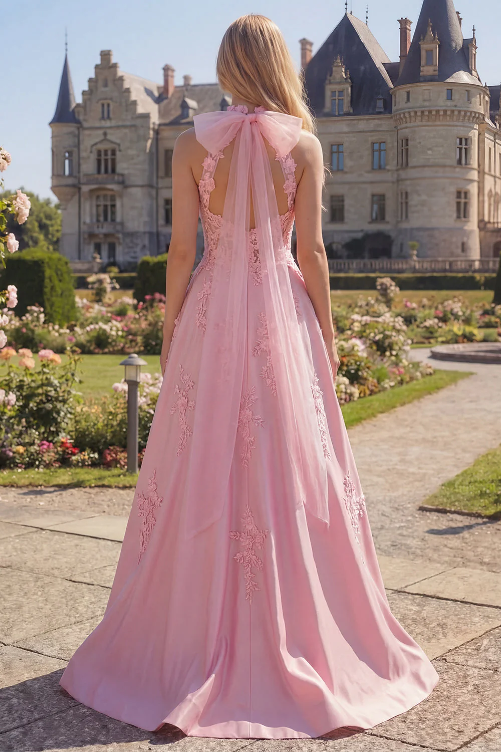 Halter Pink Corset A-Line Open Back Long Prom Dress with Bow - Image 2