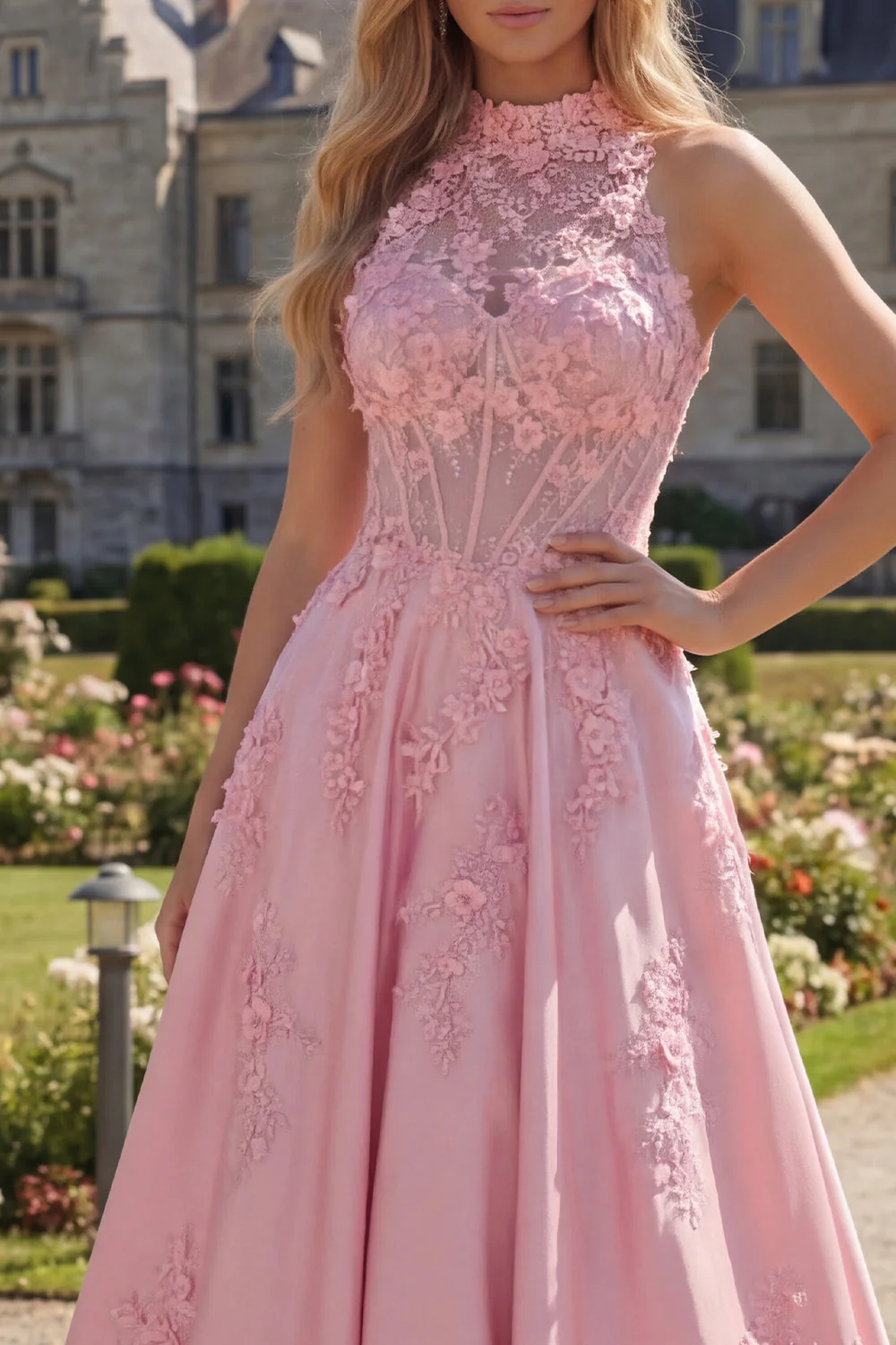 Halter Pink Corset A-Line Open Back Long Prom Dress with Bow - Image 3