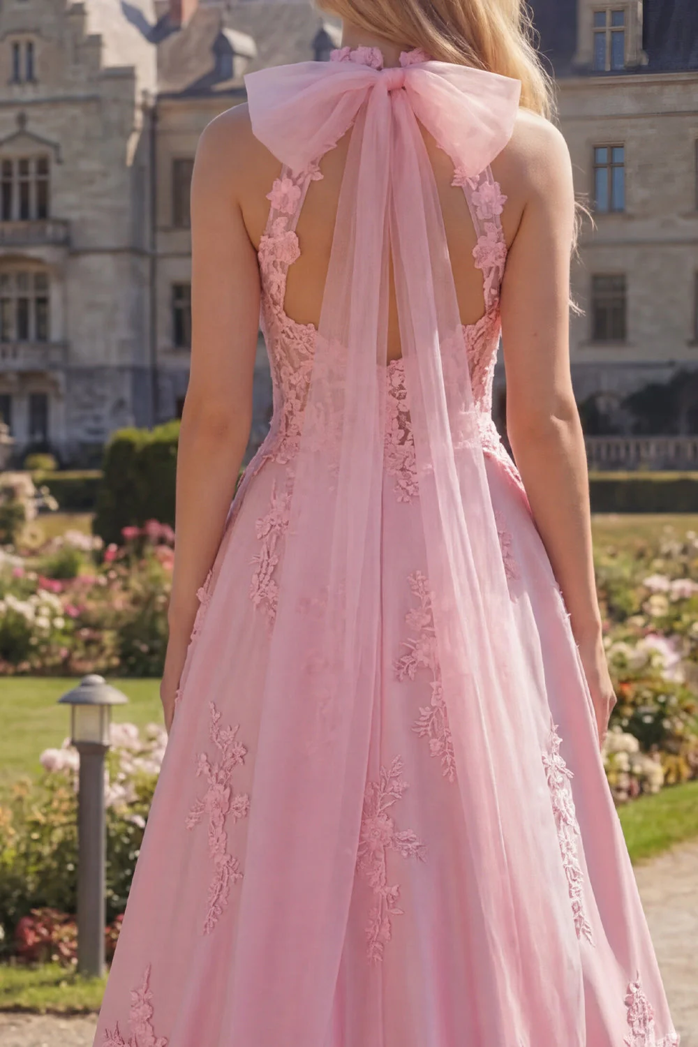 Halter Pink Corset A-Line Open Back Long Prom Dress with Bow - Image 4