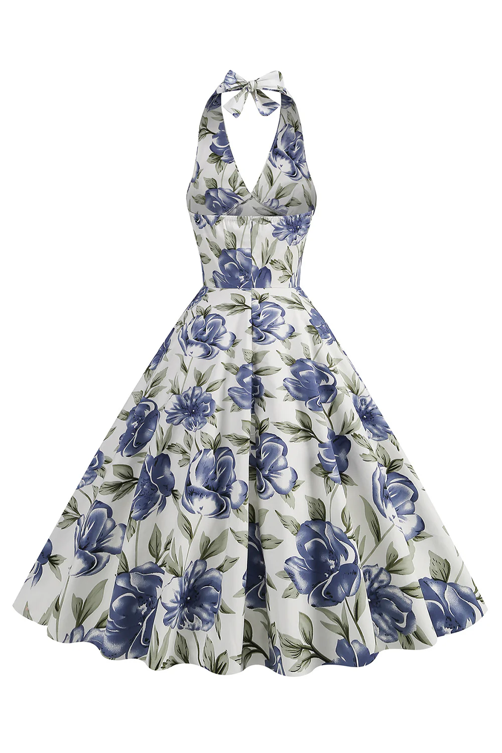 Halter White Blue A Line Floral Printed 1950s Dress - Image 2