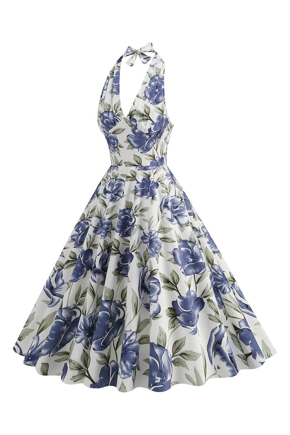 Halter White Blue A Line Floral Printed 1950s Dress - Image 3