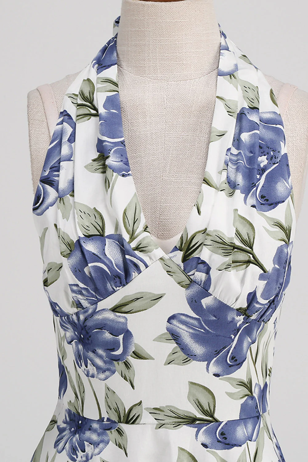 Halter White Blue A Line Floral Printed 1950s Dress - Image 4