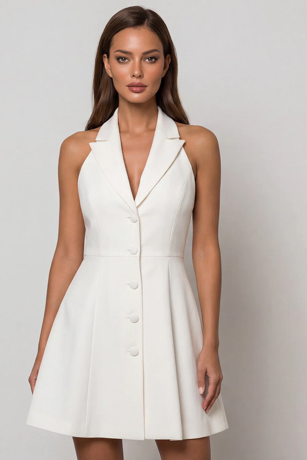 Halter White A Line Single Breasted Short Work Dress