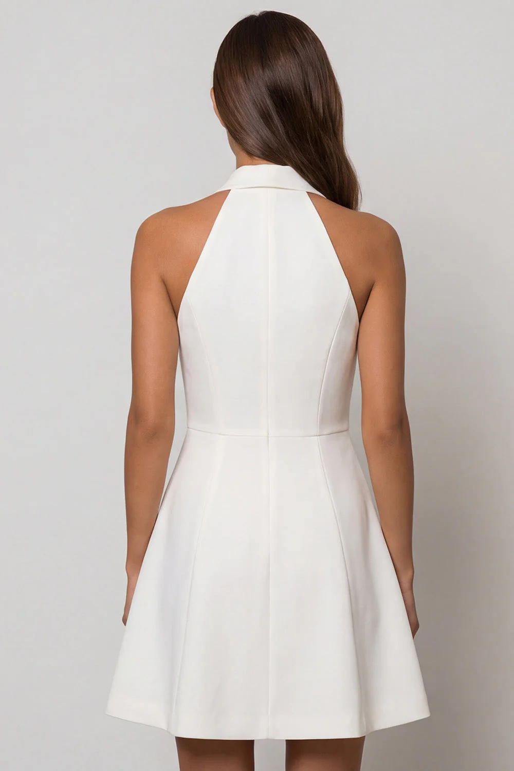 Halter White A Line Single Breasted Short Work Dress - Image 2